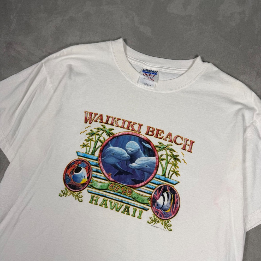 Y2K Mens Gildan Waikiki Beach Hawaii Dolphin Graphic T-Shirt White Large - Picture 2 of 6